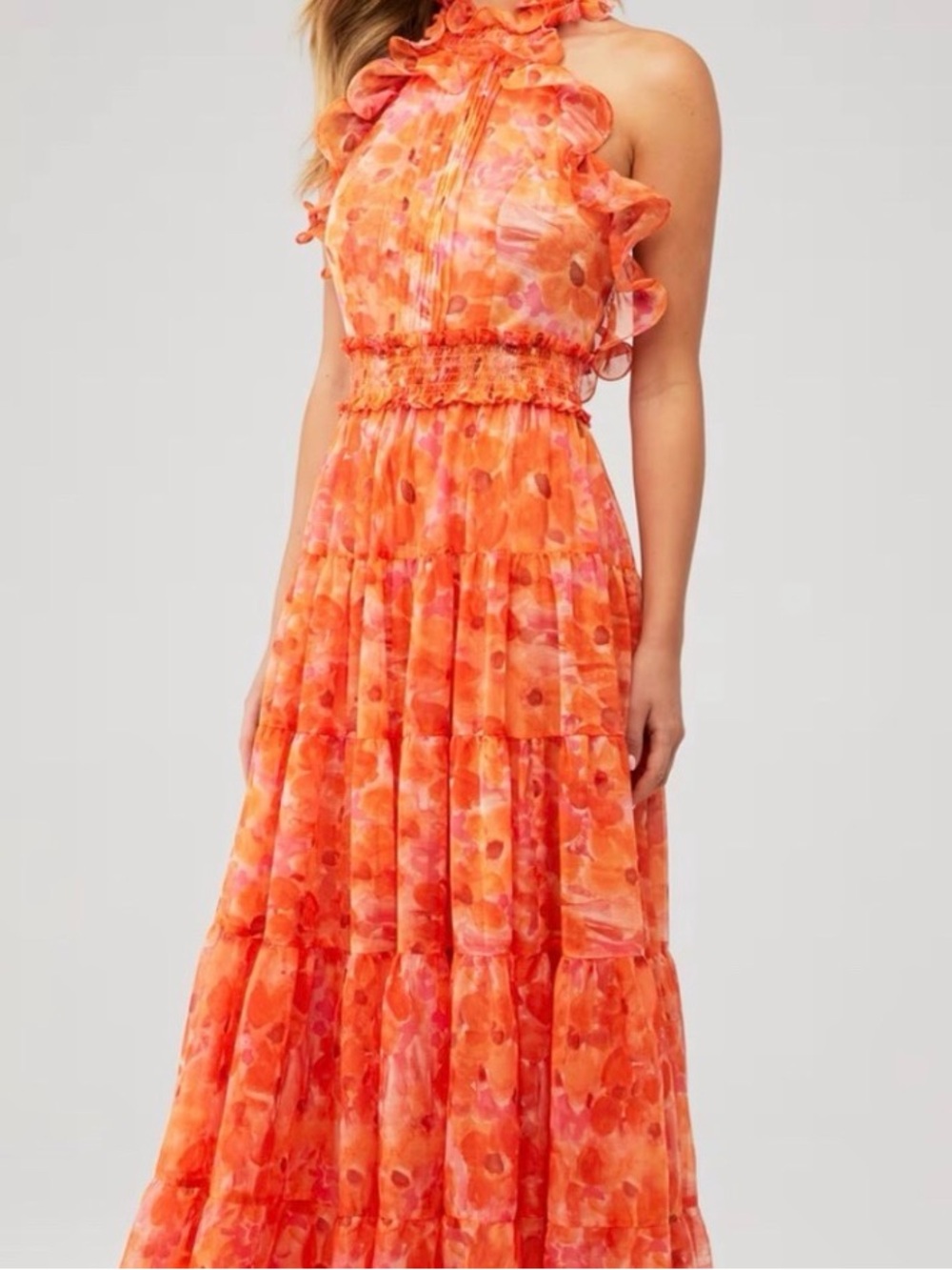 PatBO Orange & Pink Floral Halter Maxi Dress #02